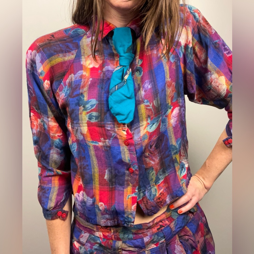 Vintage René Derhy Paris Two-Piece Set · Vibrant Floral Plaid Top & Harem Pants - Picture 16 of 16